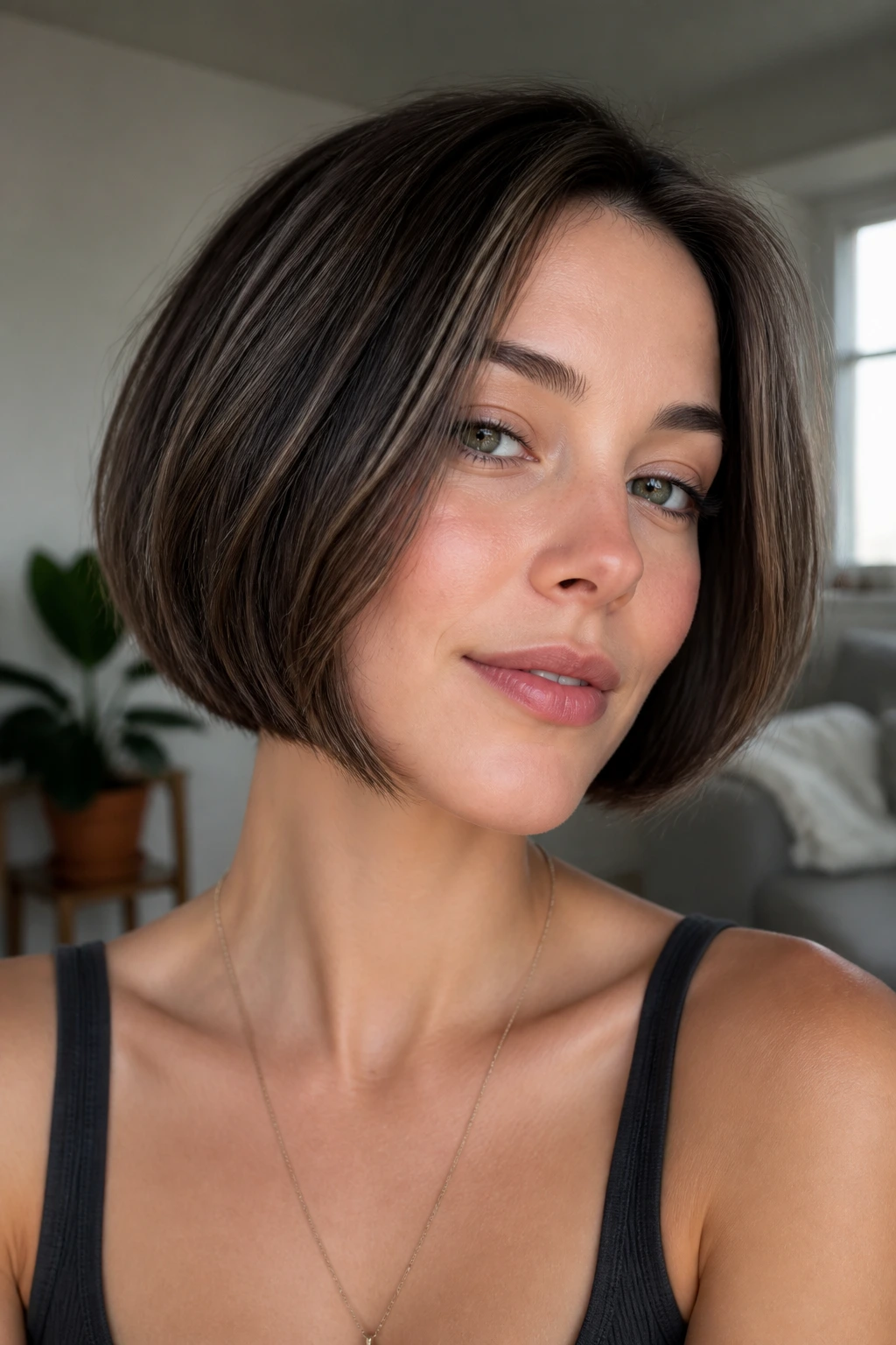 Close-up portrait of a woman with a brunette bob lowlights on cool skin tone.