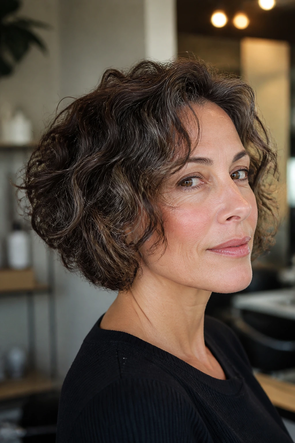 Portrait of a brunette bob with subtle silver lowlights near temples