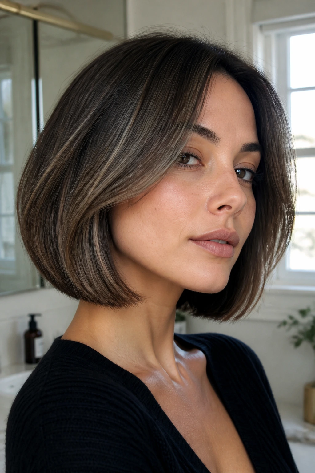 Close-up of brunette bob with soft fog blend lowlights in a warm window-lit room