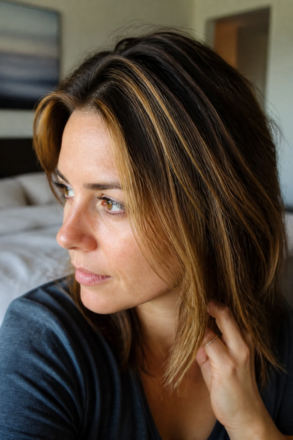Brunette with brass chunky highlights on crown and temples