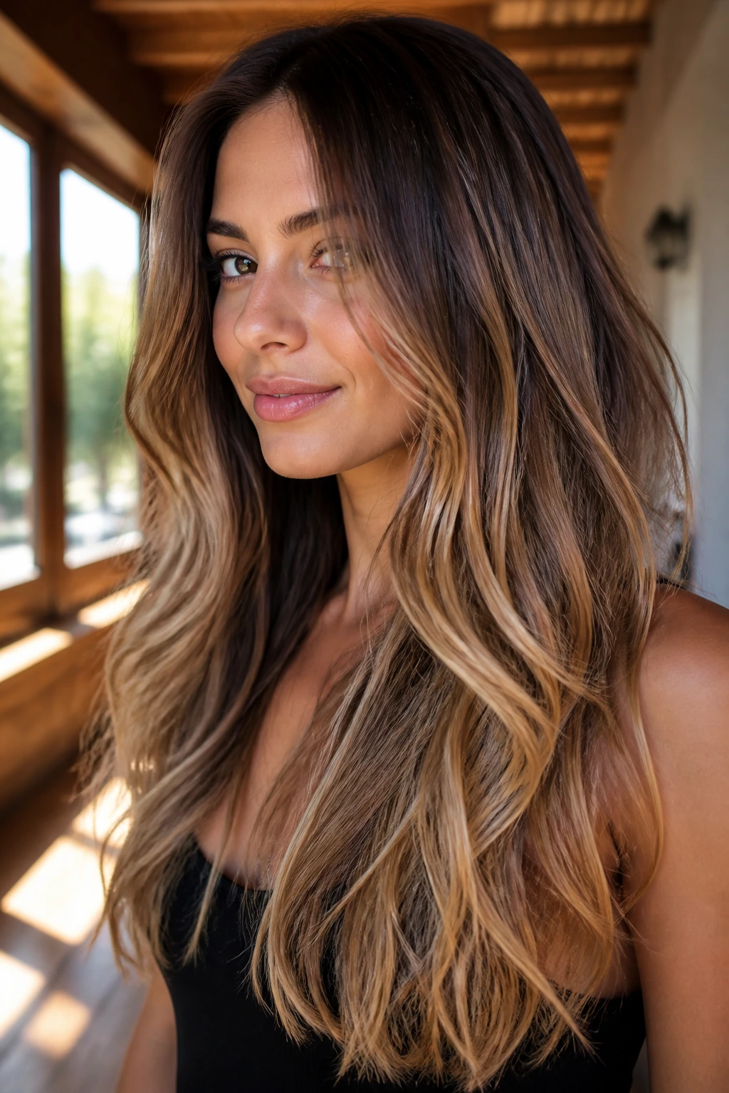 Close-up of a real woman with brunette bronde and warm beige dimension hair in sunlit hallway
