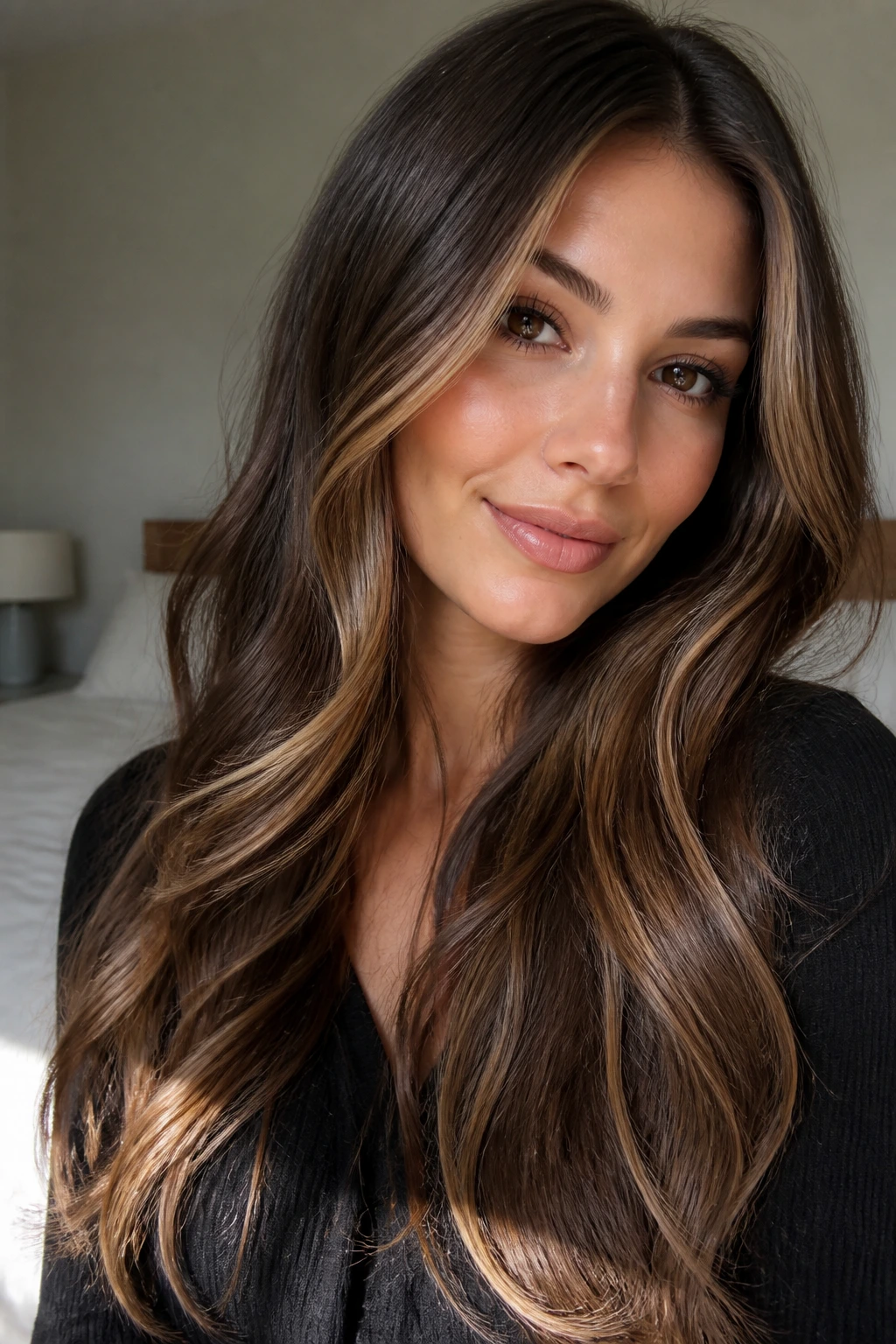 Close-up of luxe brunette hair with champagne caramel accents in warm window light