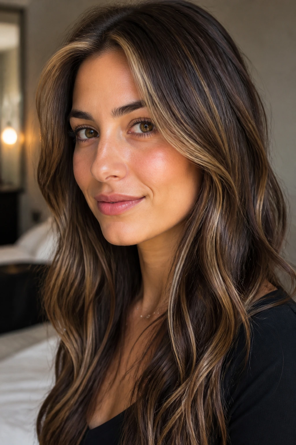 Brunette with caramel and beige foils at crown for a sweet spot look