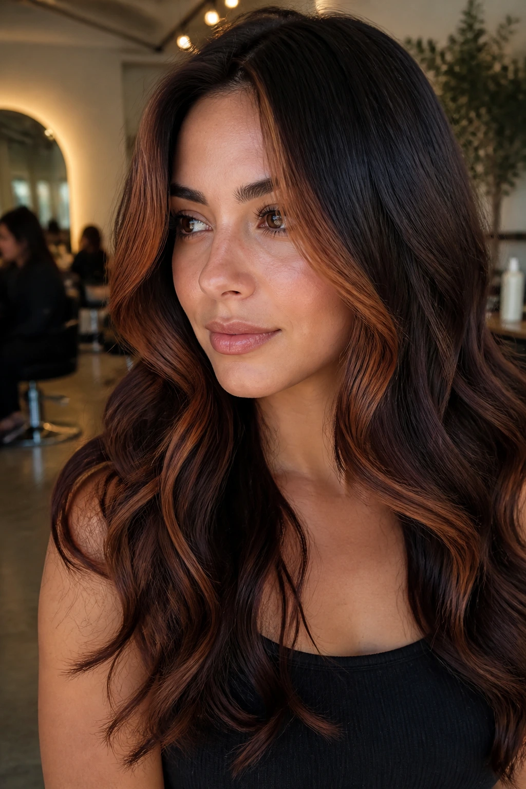 Portrait of a person showing brunette hair with copper front pieces and deeper rest, illustrating color variations.