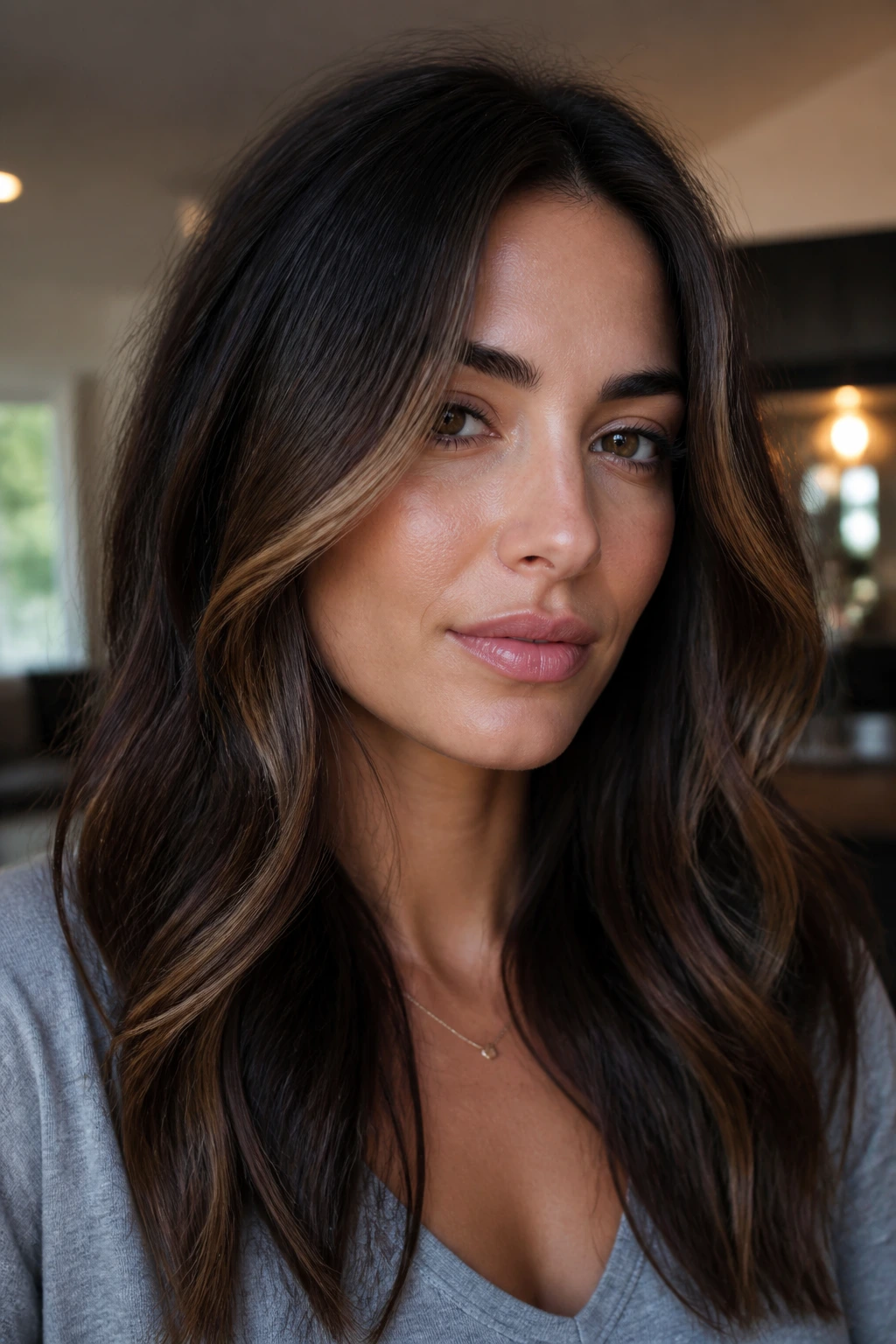 Close-up portrait of brunette with a caramel face frame around the cheeks blending with base color