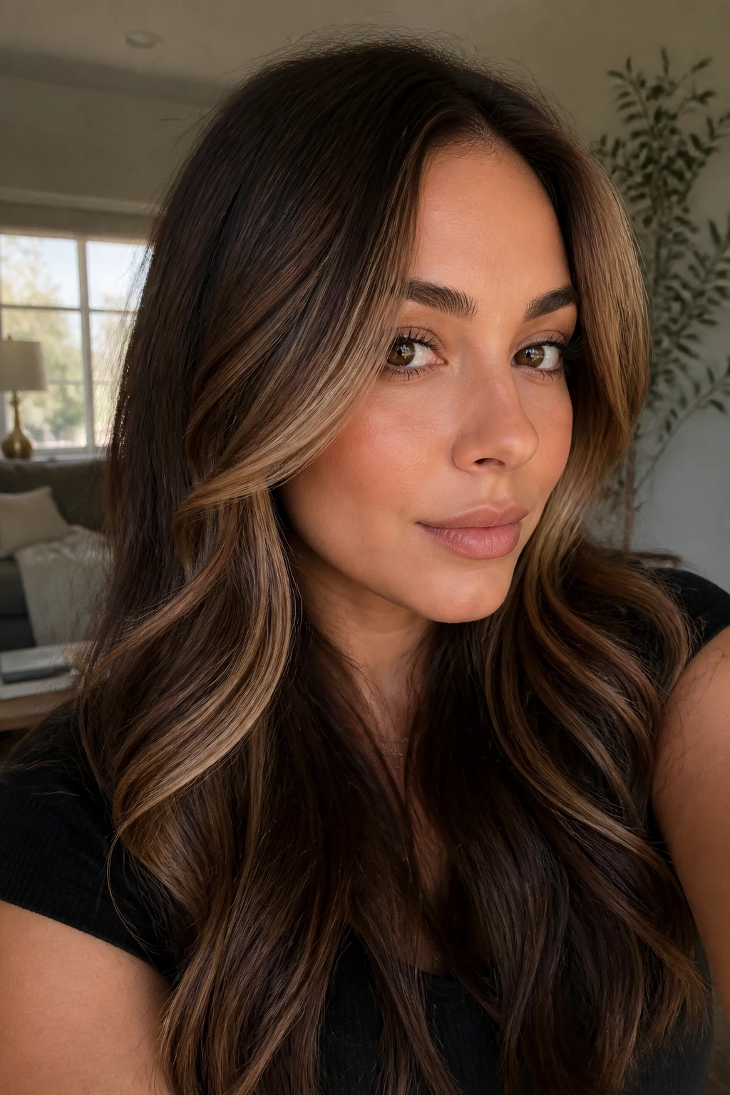 Portrait of brunette base with caramel face-framing highlights on a real woman