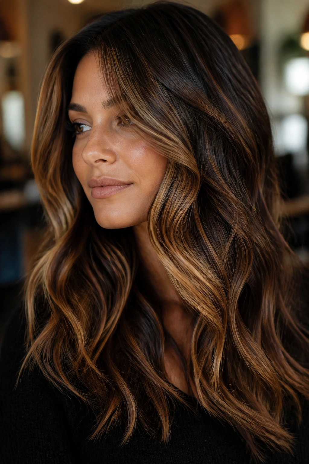 Brunette with caramel and honey highlights blended into dark brown base