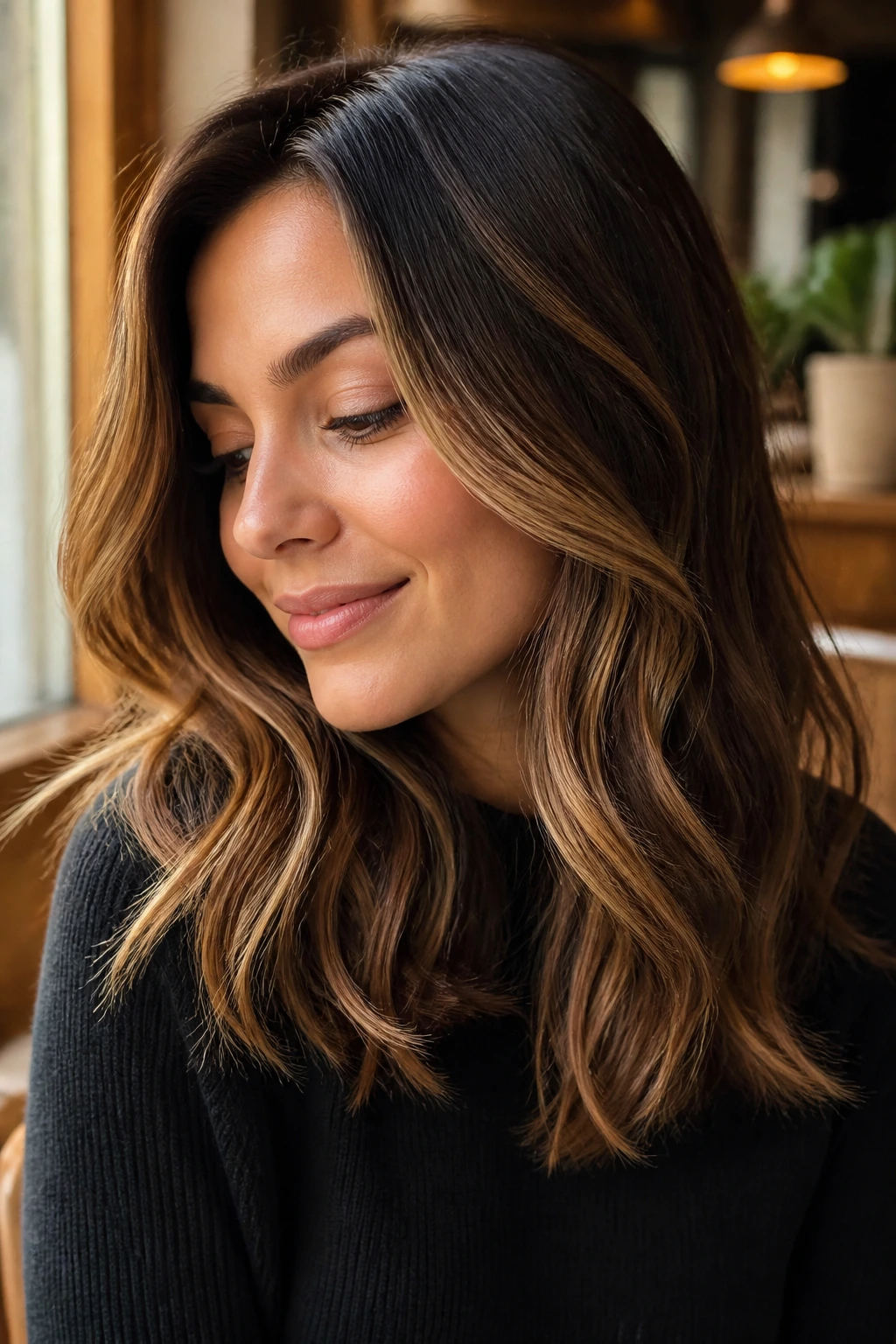Close-up of brunette with caramel mocha ribbons in warm cafe light