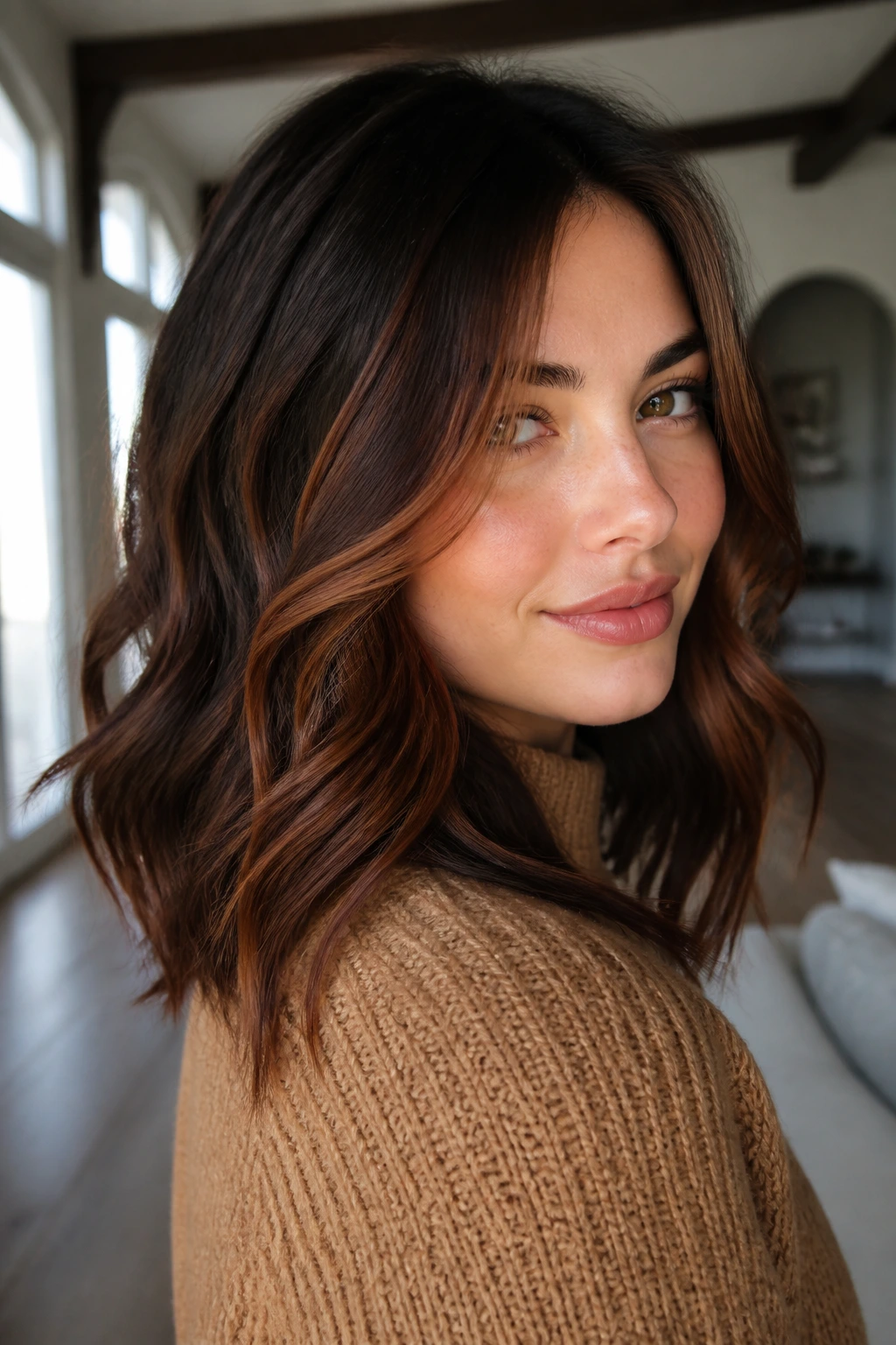 Close-up of brunette with chestnut ribbons framing face and mid-lengths