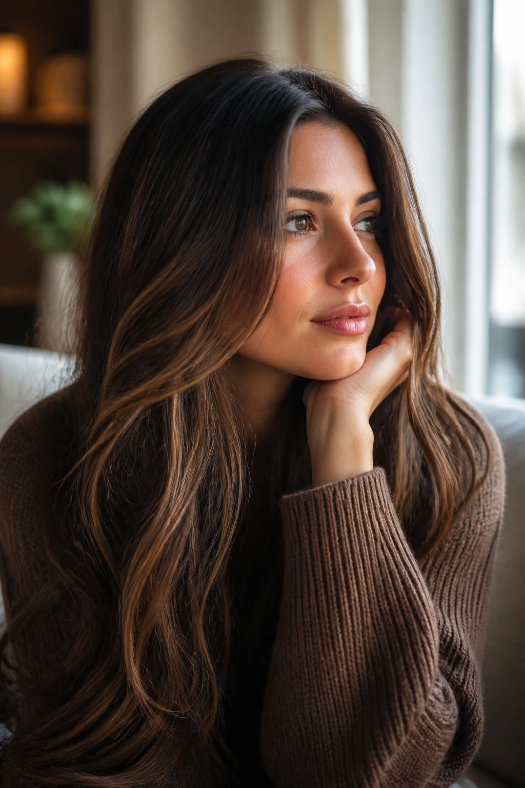 Brunette with caramel honey highlights in thoughtful pose