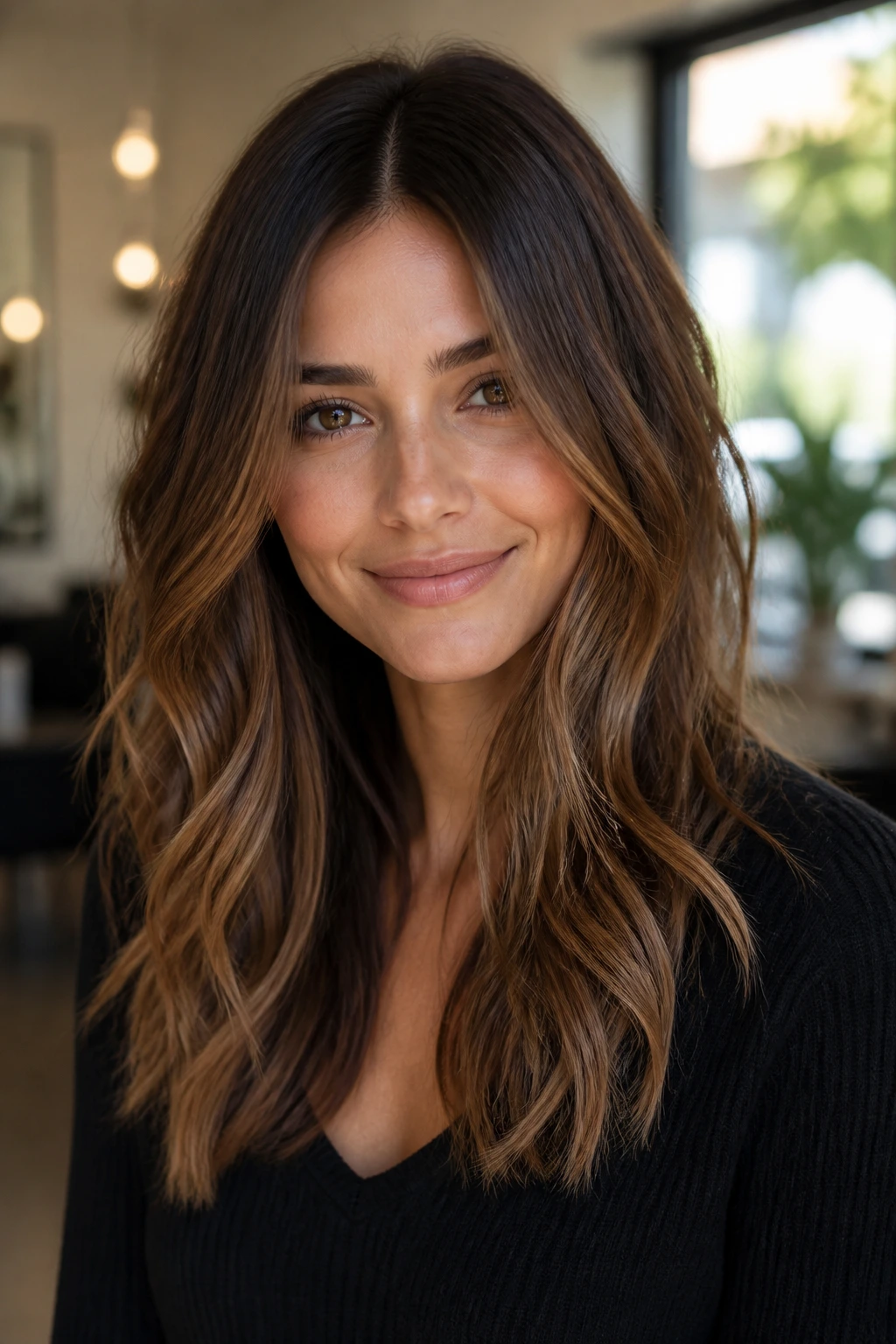 Brunette with multi-tone brunette color showing depth and dimension