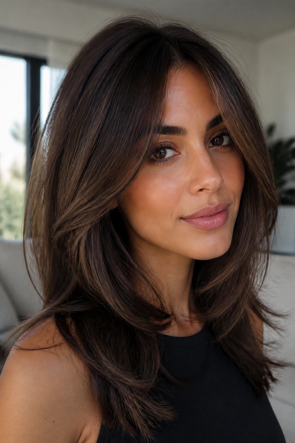 Close-up of brunette contour layers framing the face on a real person