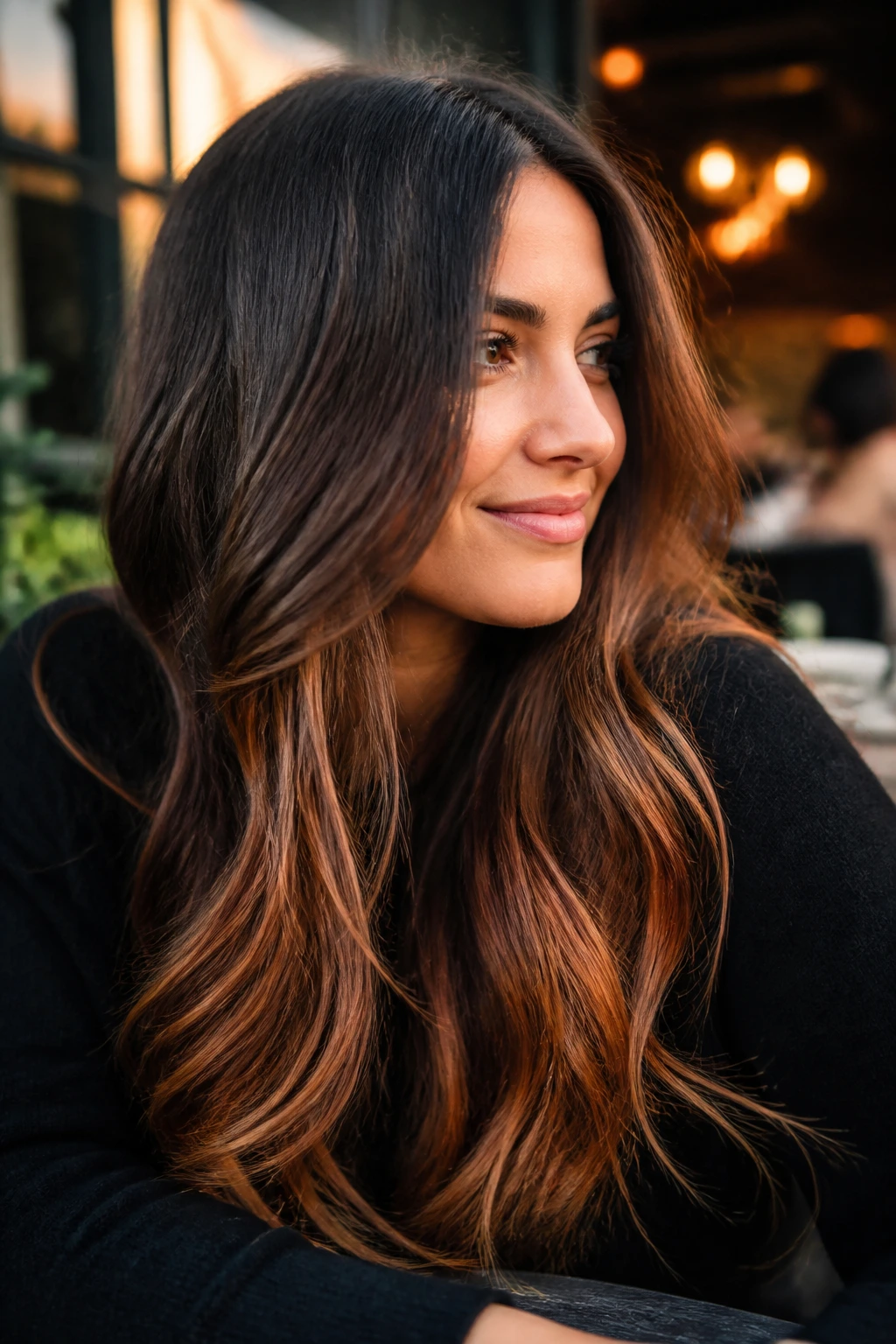 Close-up of brunette hair with copper-kissed ends in golden hour light