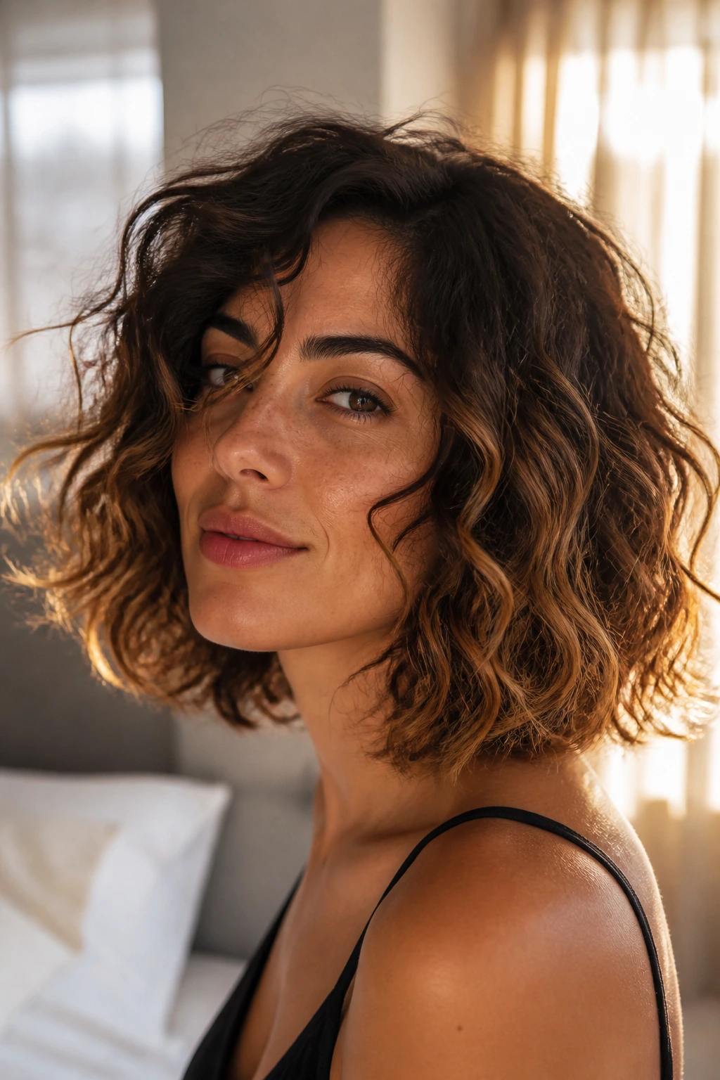 Brunette woman with a tousled espresso bob and caramel ends in warm window light