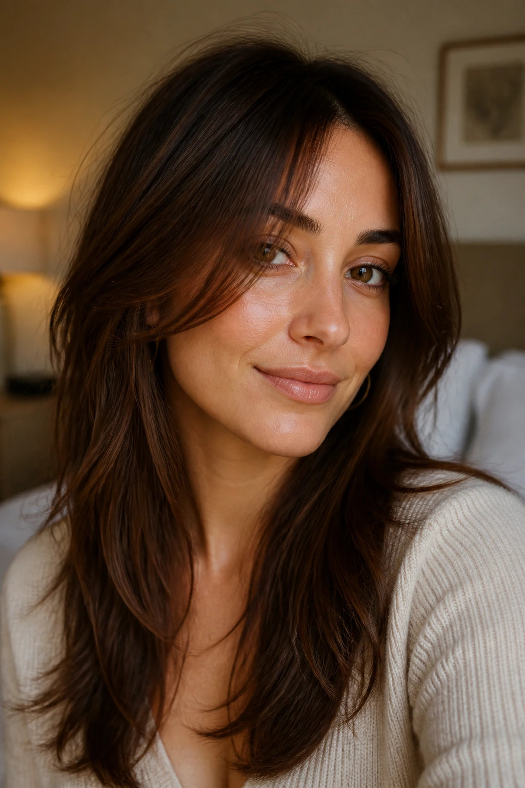 Brunette woman with face-framing layers in chestnut-brown hair under warm window light