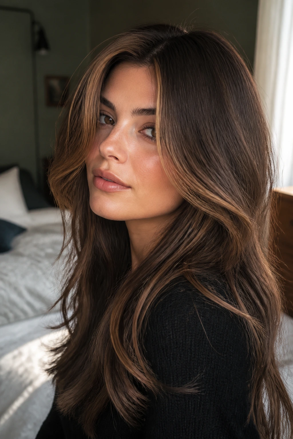 Close-up portrait of brunette woman with face-framing layers and warm ribbons in a cozy bedroom.