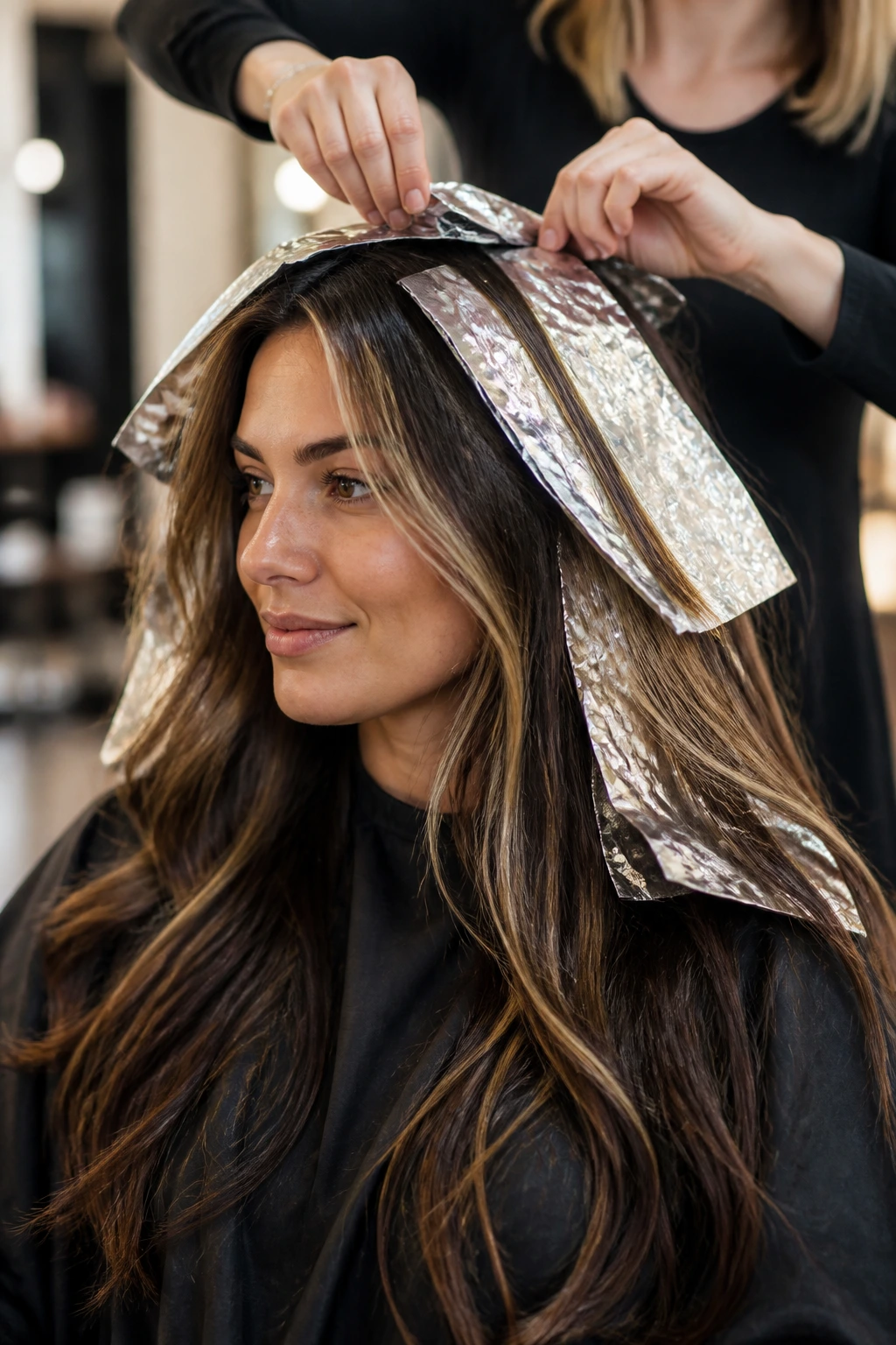 Close-up brunette with foil highlights in salon setting