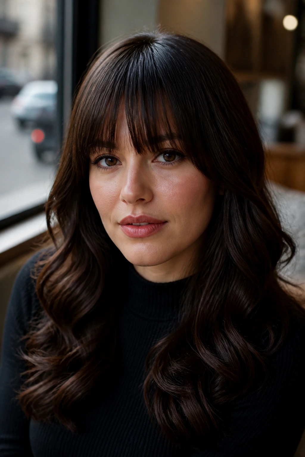 Close-up of a real woman with glossy brunette hair and center-held fringe
