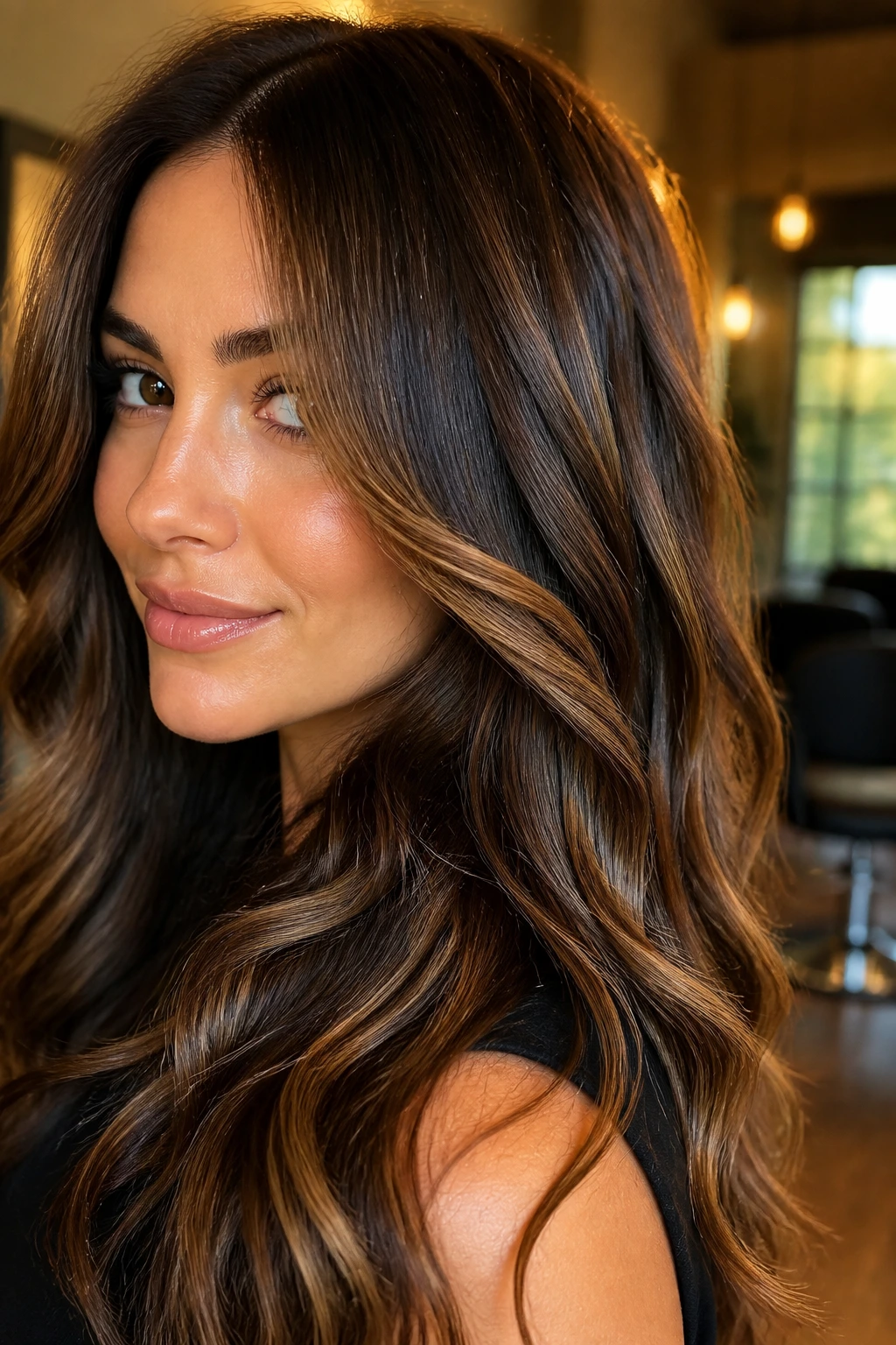 Close-up of a brunette with soft-toasted caramel-honey blend and glossy finish