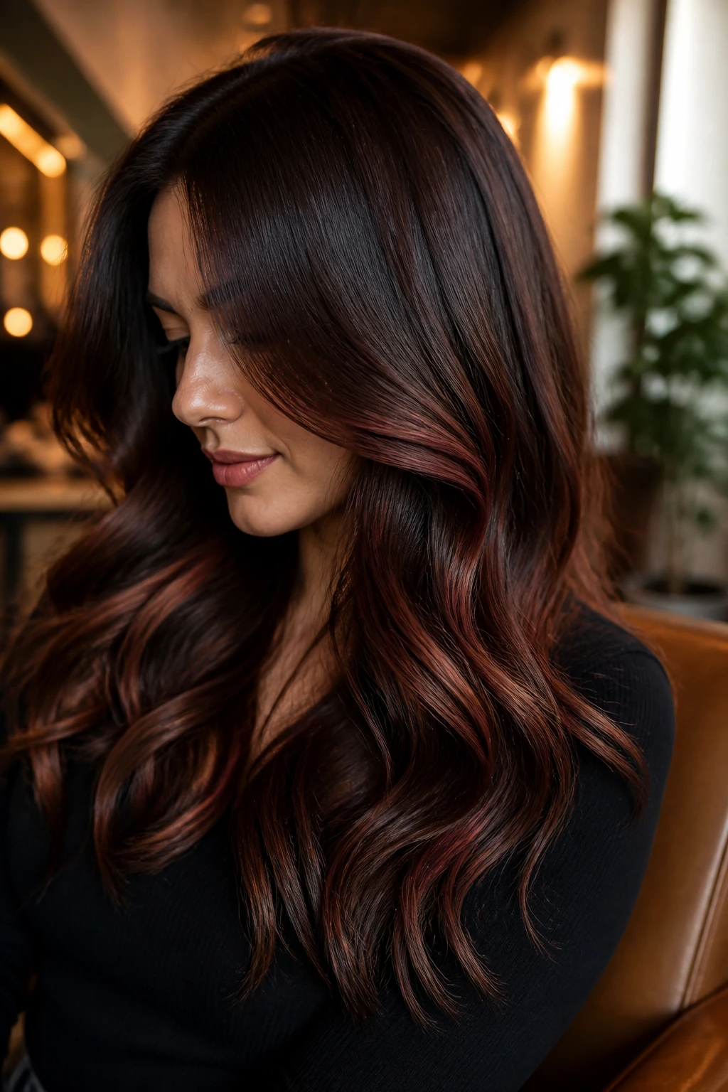 Brunette with chestnut-red gloss and caramel veils shining in light