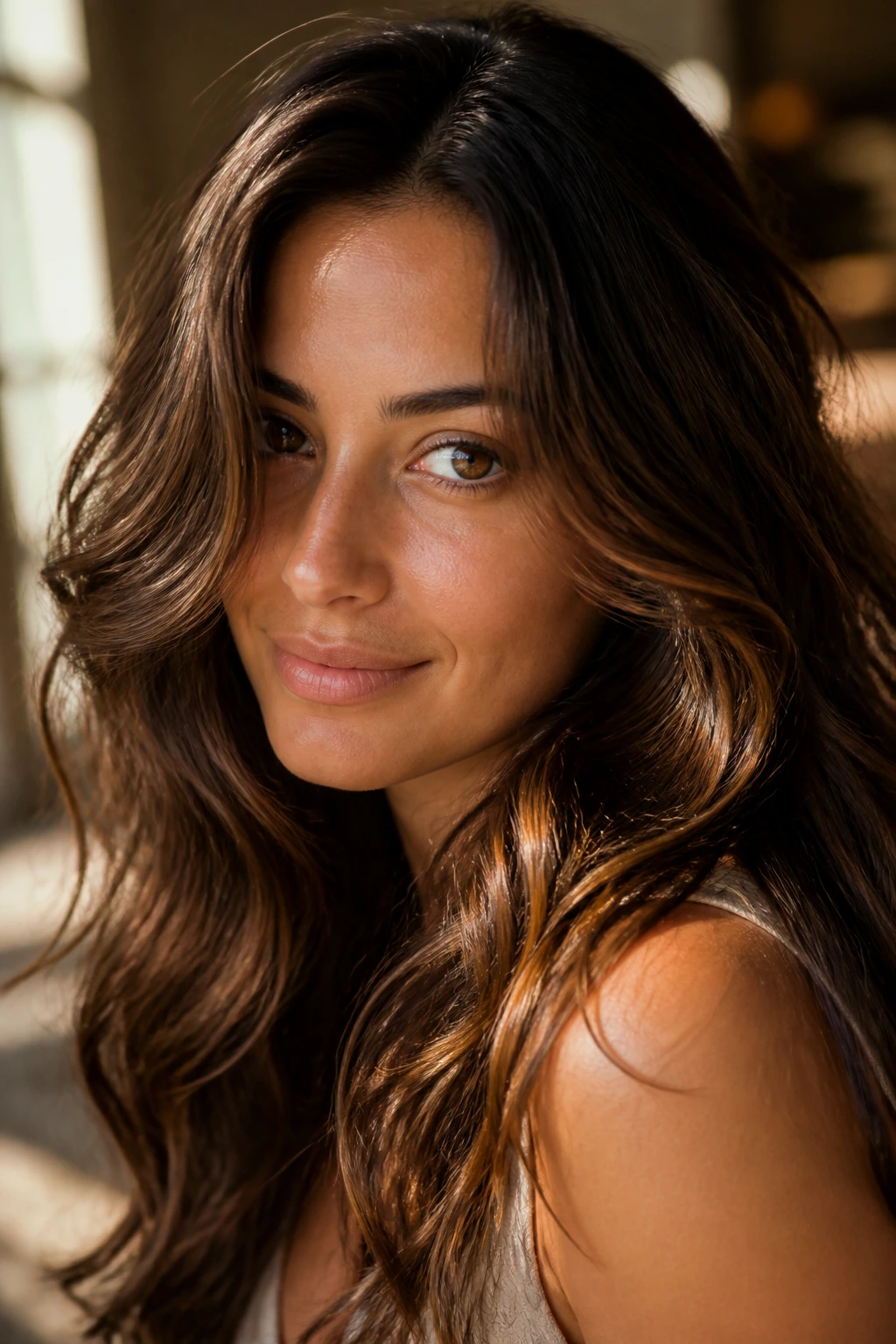 Close-up portrait of a real woman with glossy brunette hair and soft waves, bathed in warm window light