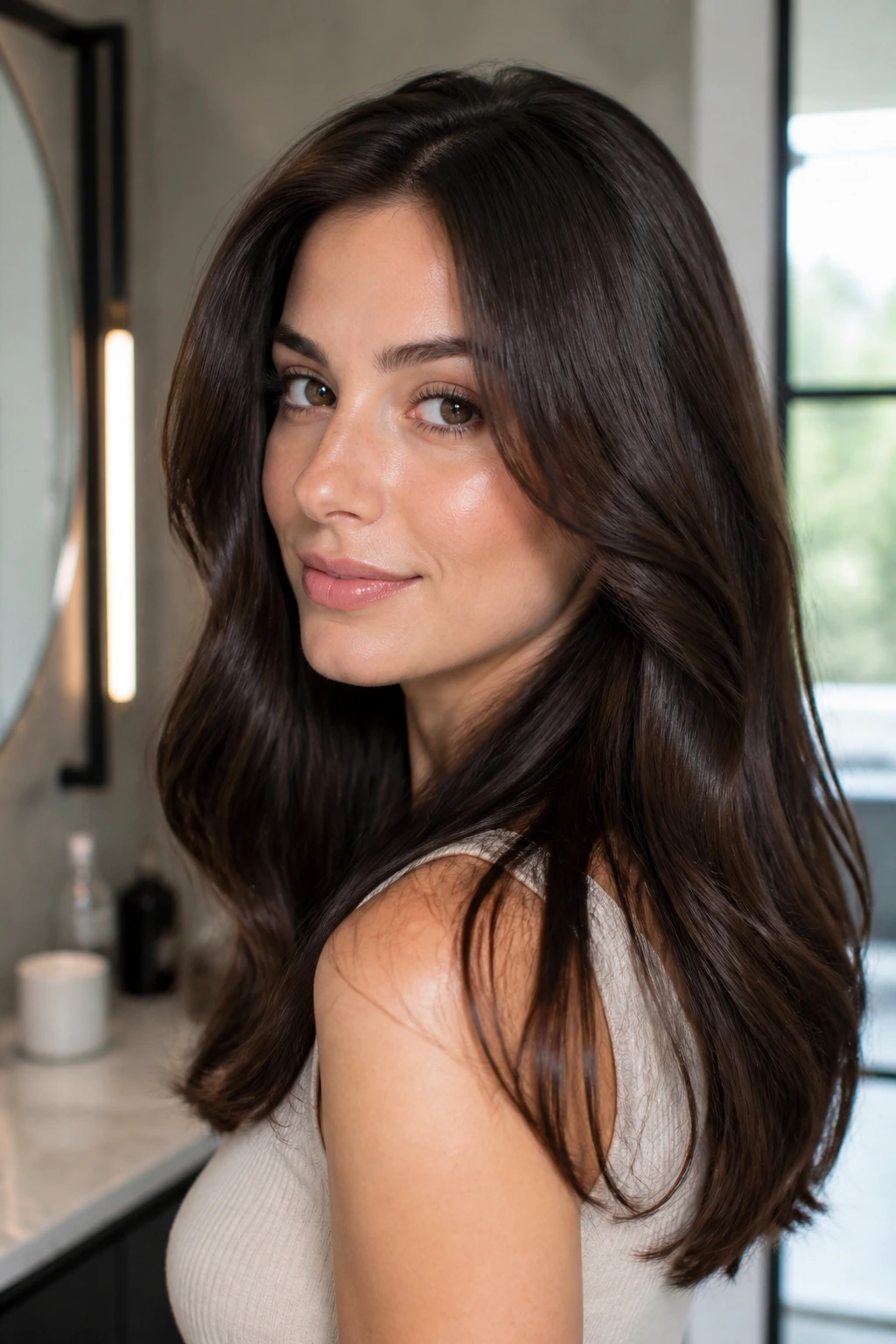 Close-up of a glossy cool brunette with crisp shine in natural light