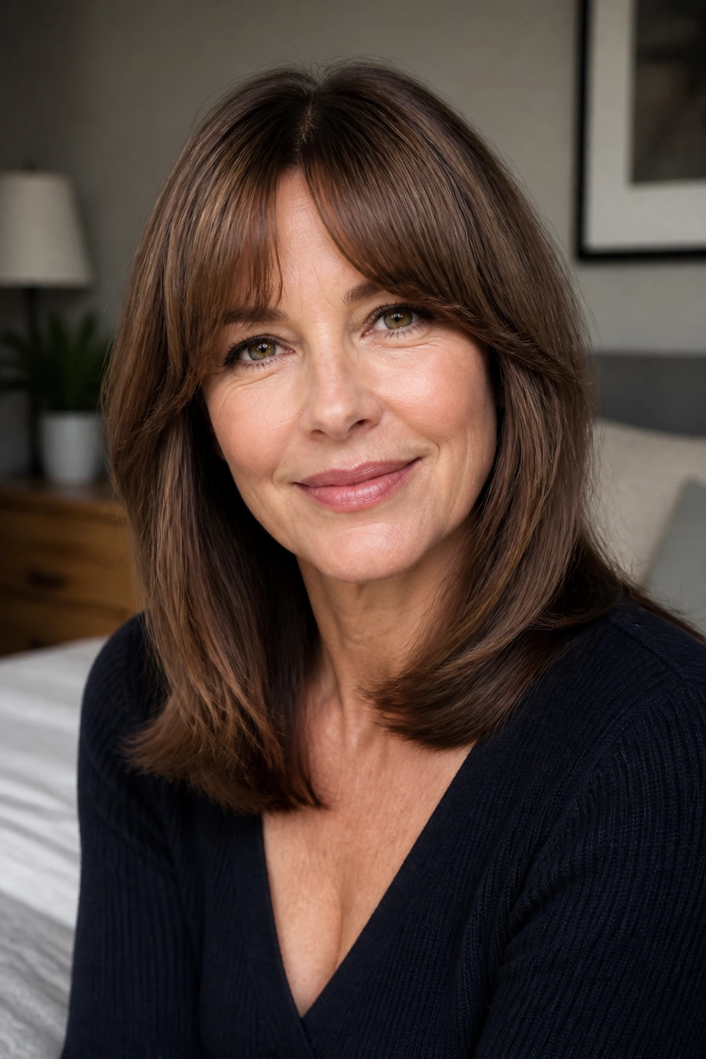Close-up of a real woman with glossy warm brunette hair and rounded fringe