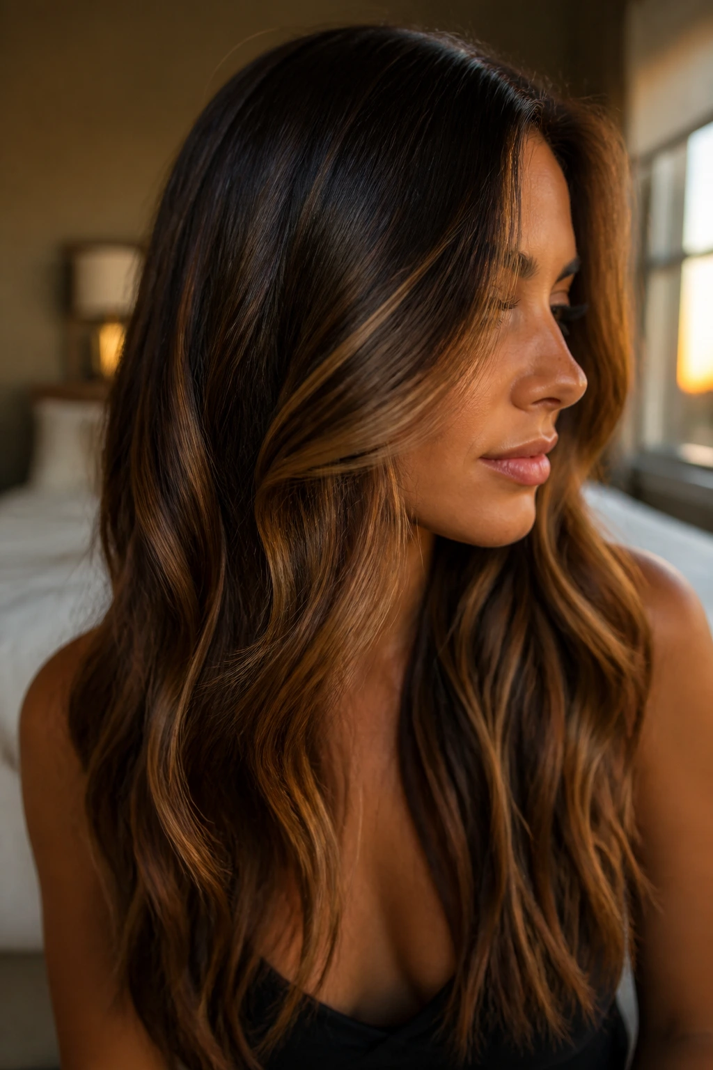 Close-up brunette with deep base and gold-brown ribbons in warm light