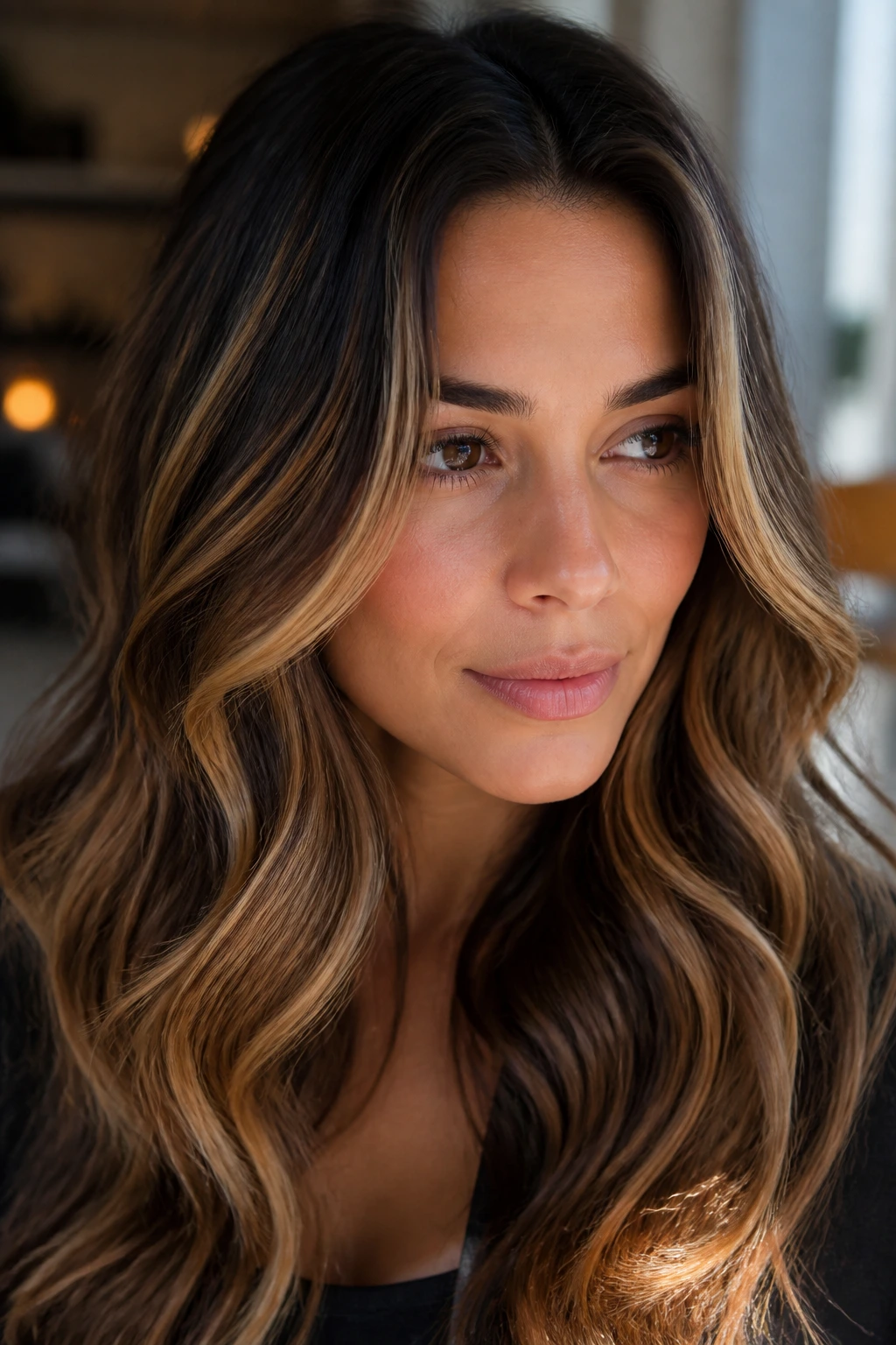 Close-up of brunette hair with golden blonde highlights blending naturally.