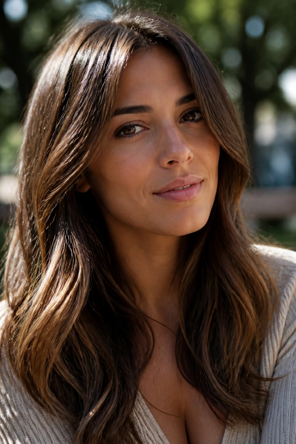 Brunette with balanced golden shade in natural daylight