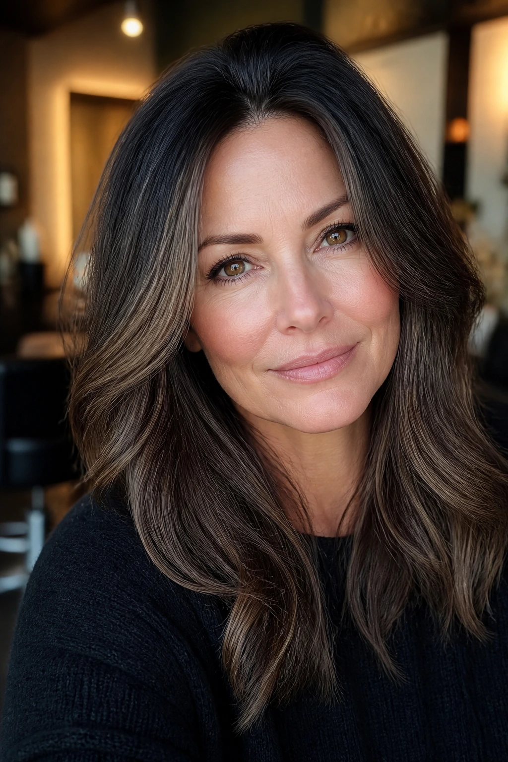 Portrait of brunette showing gray blending with lowlights and shadow root for dimension