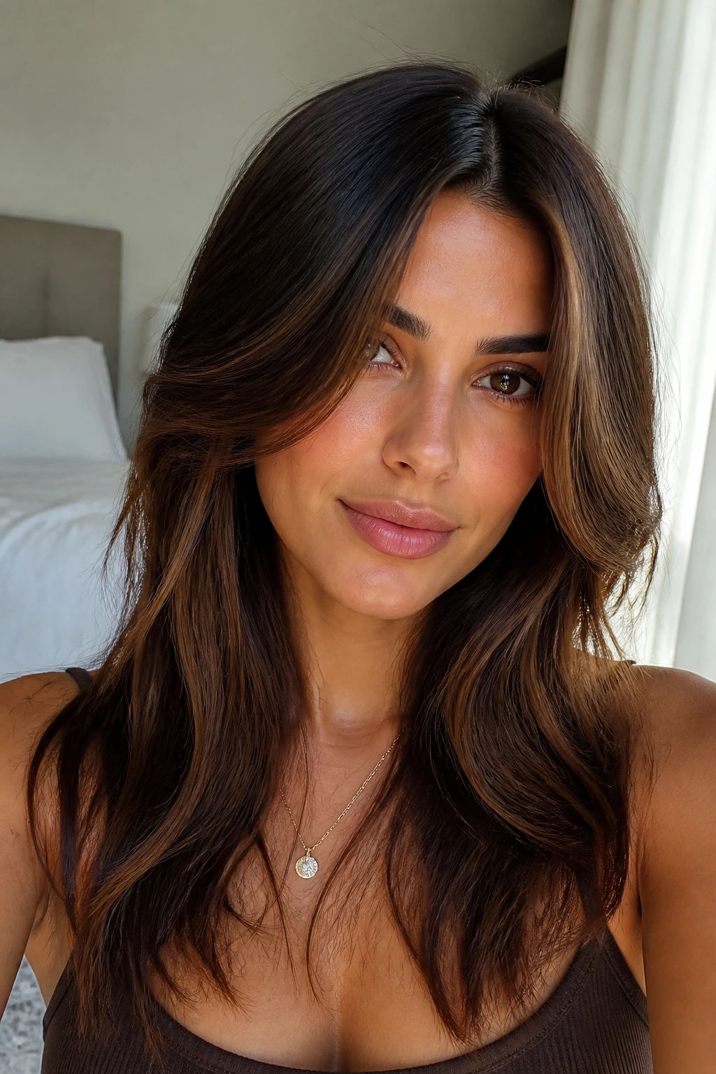 Close-up portrait of a real woman with brunette hair showing subtle tweaks like a shifted part and face-frame under warm window light