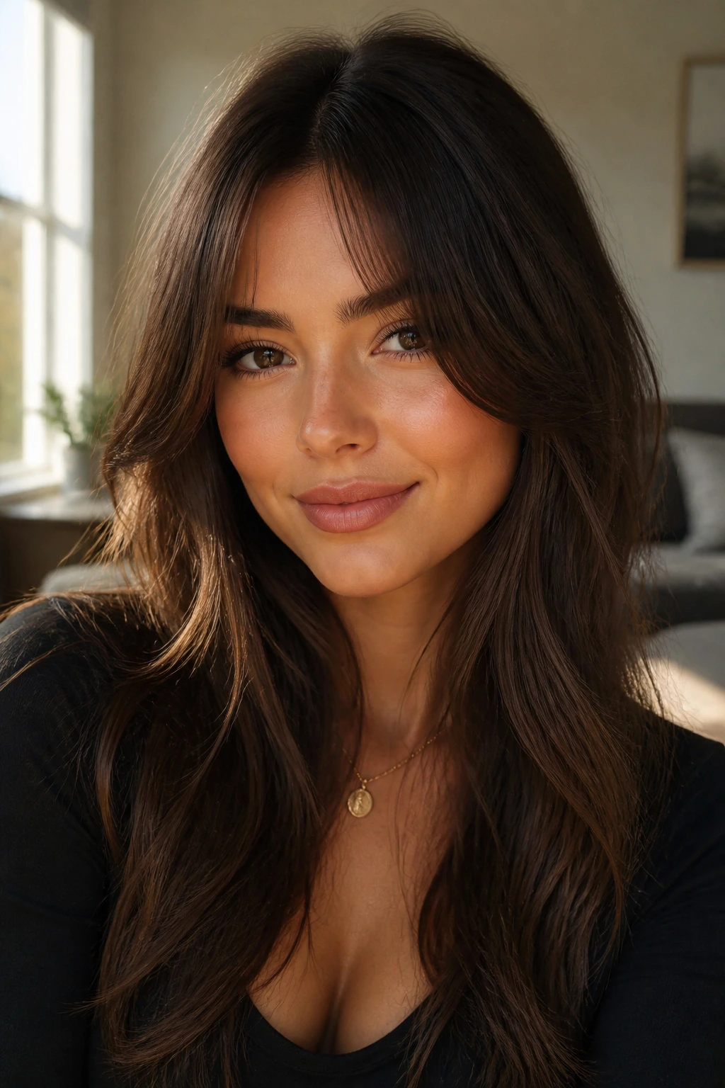 Close-up brunette woman with curtain bangs and face-framing layers balancing a heart-shaped face