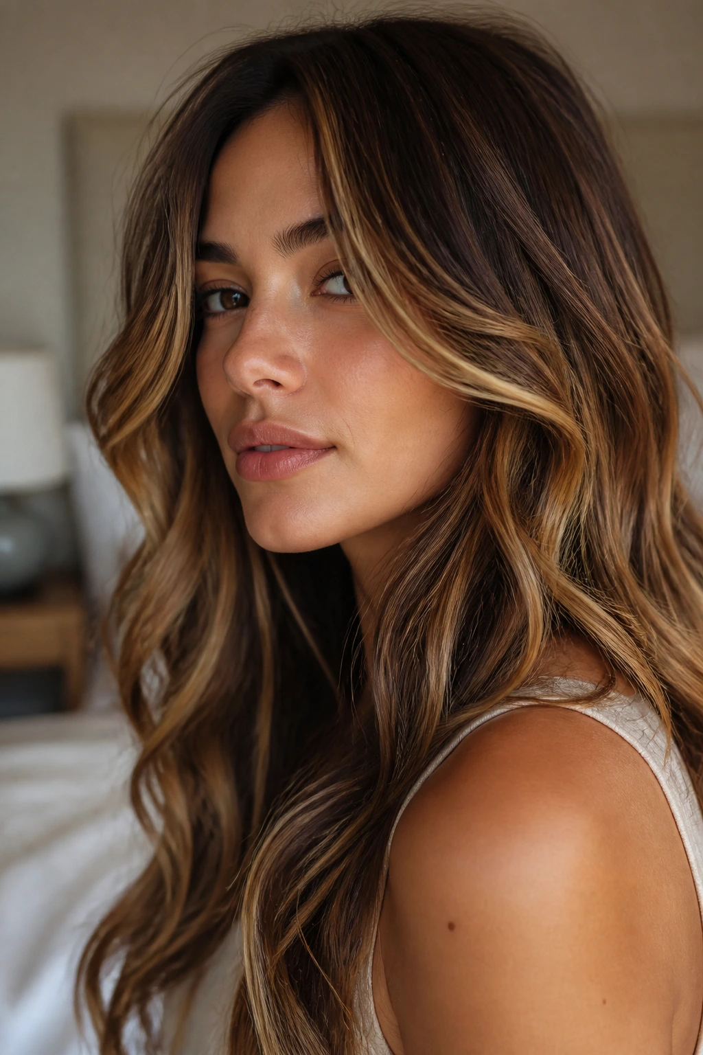 Close-up brunette with warm golden blonde highlights in natural window light