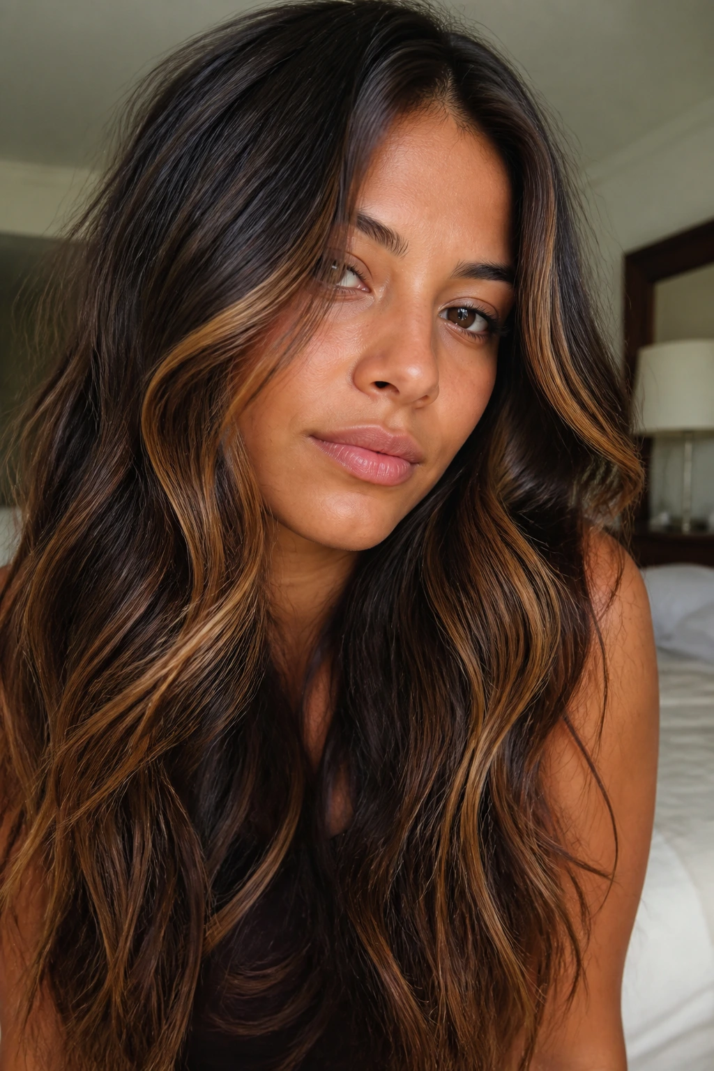 Close-up portrait of brunette highlights with warm caramel ribbons