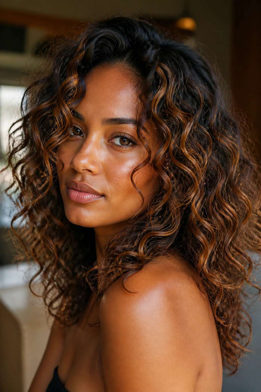 Portrait of a real person with curly/wavy hair showing brunette highlights
