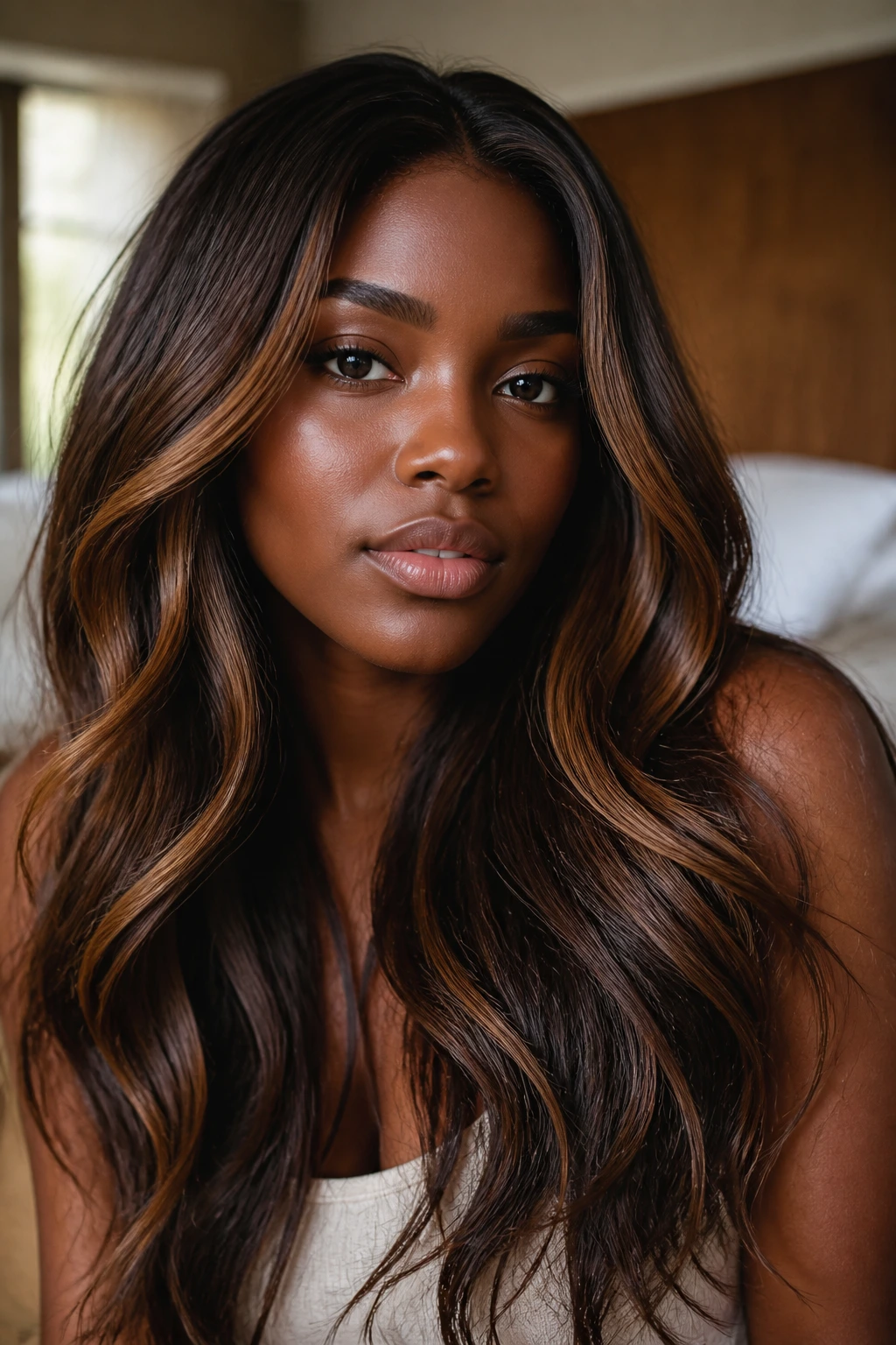 Close-up portrait of a woman with deep skin tone showing brunette highlights in caramel and copper for rich, dimensional hair