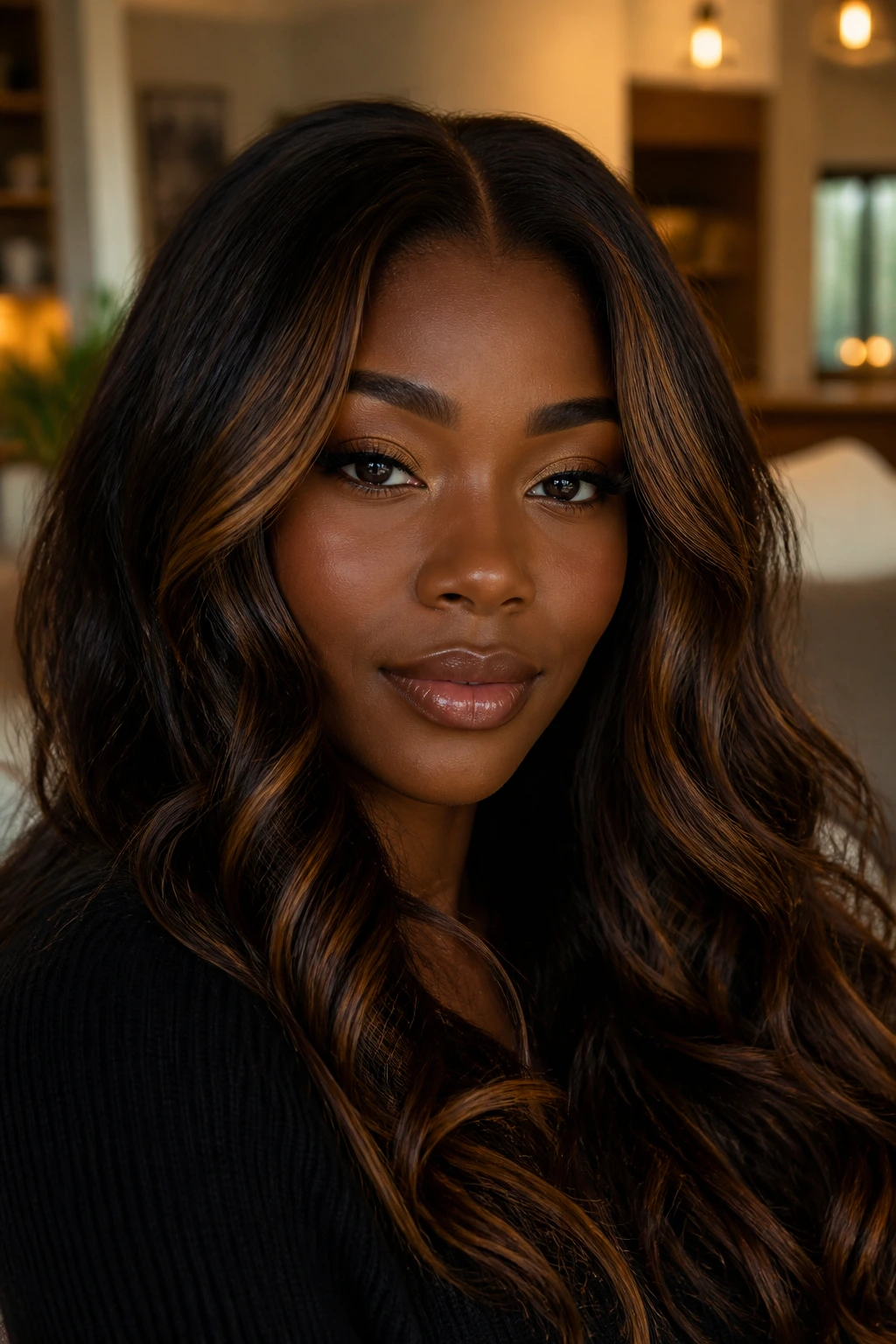 Close-up of deep skin tone person showing warm brunette highlights and front framing