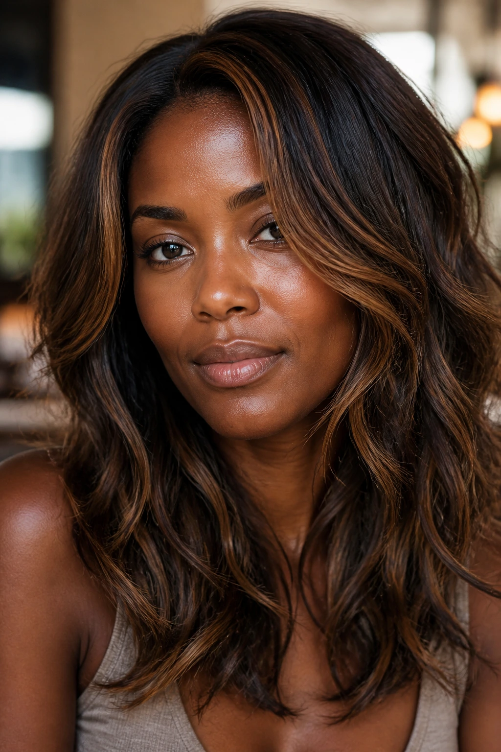 Close-up of a deep-skin woman showcasing brunette highlights in warm caramel and copper.