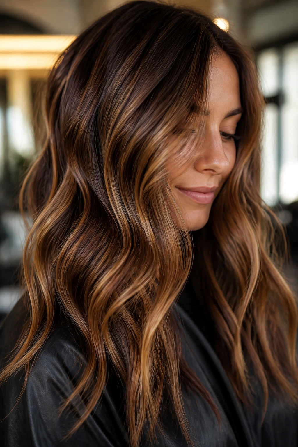 Close-up of brunette hair with caramel and honey highlights adding depth