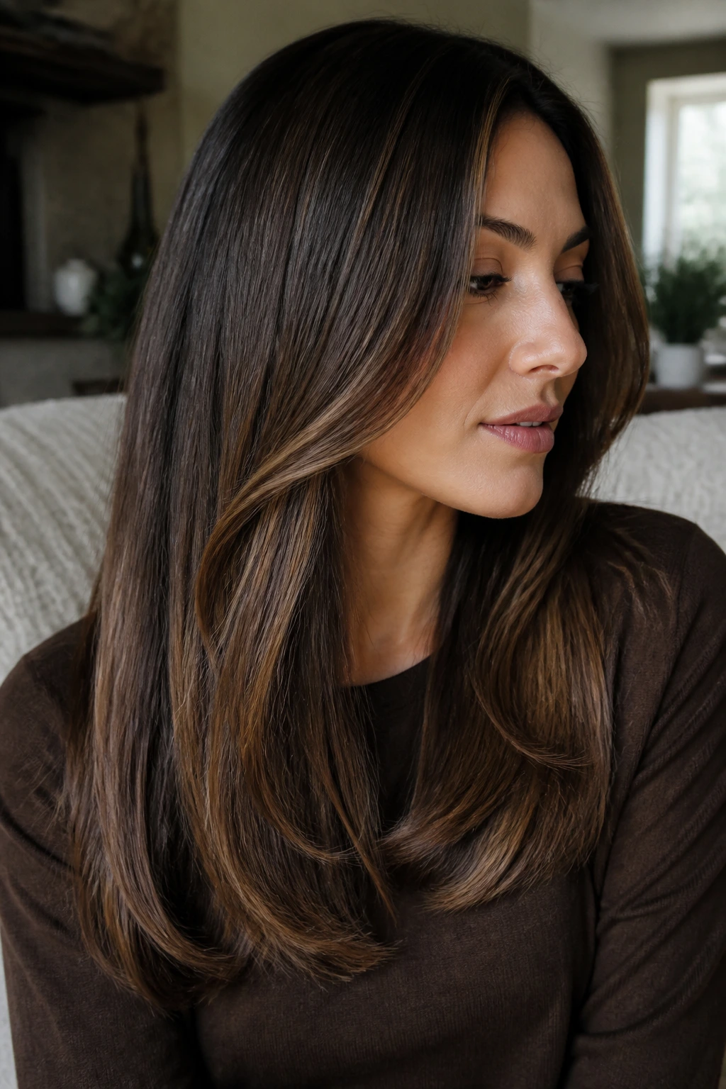 Portrait of brunette with dimensional highlights styled for shine