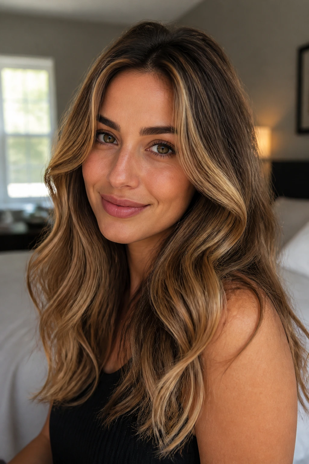 Close-up of a real brunette with varied golden highlights in natural light
