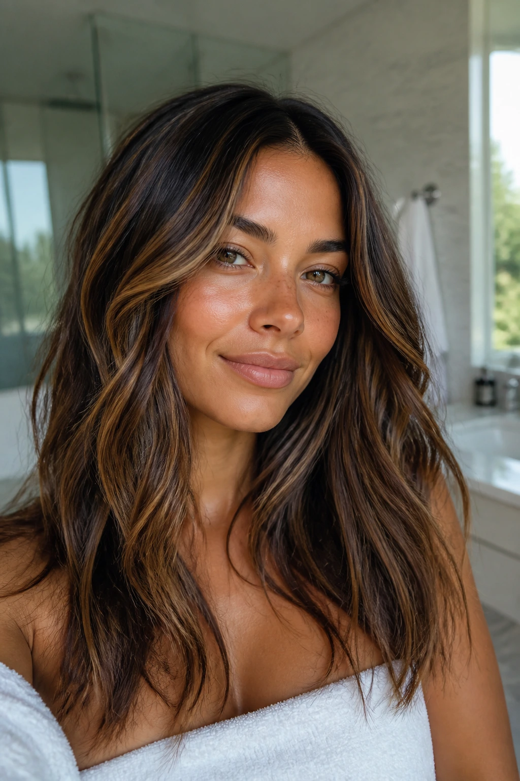 Close-up of brunette highlights looking fresh and glossy between appointments