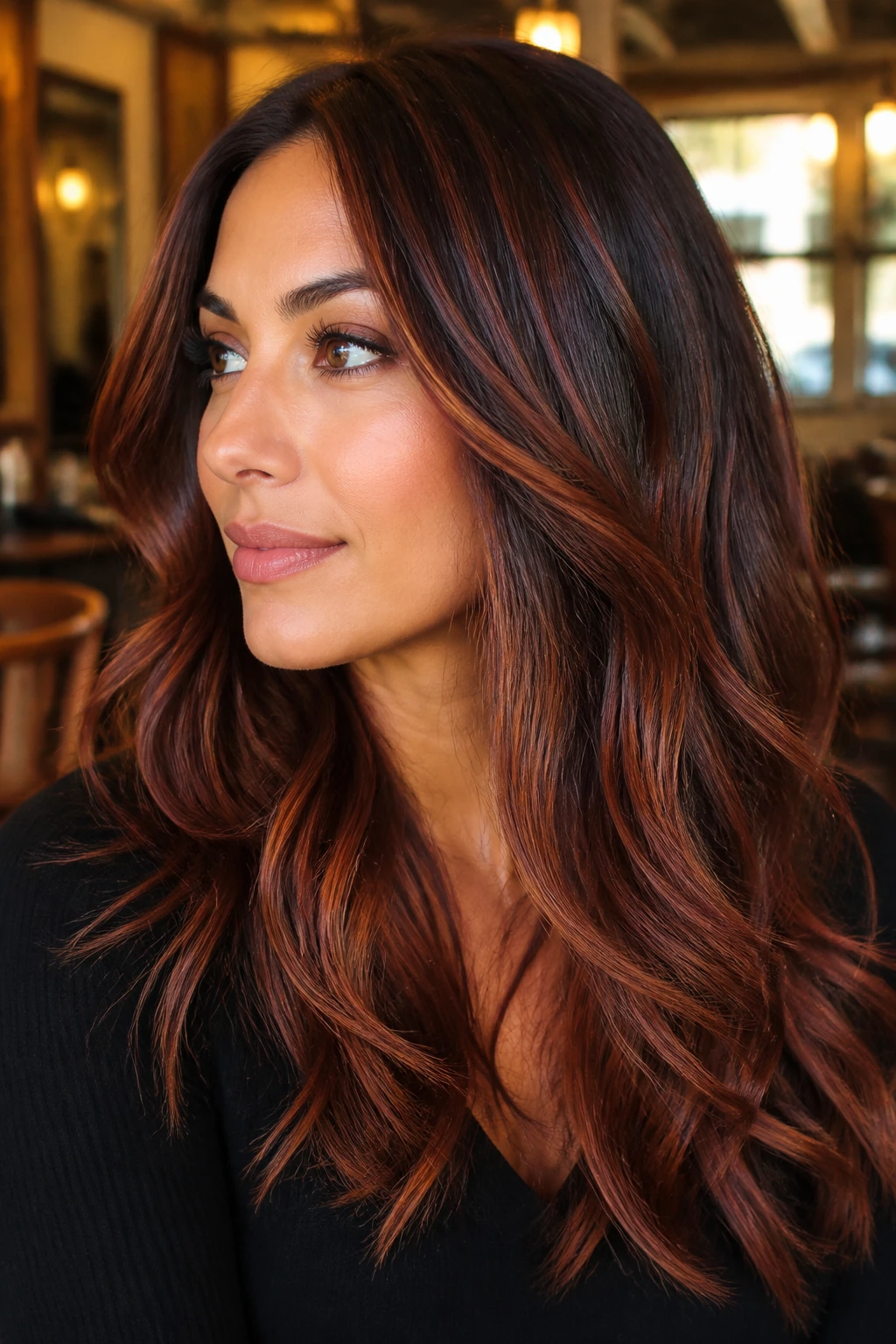 Close-up portrait of a real woman with brunette hair featuring warm highlights on olive skin