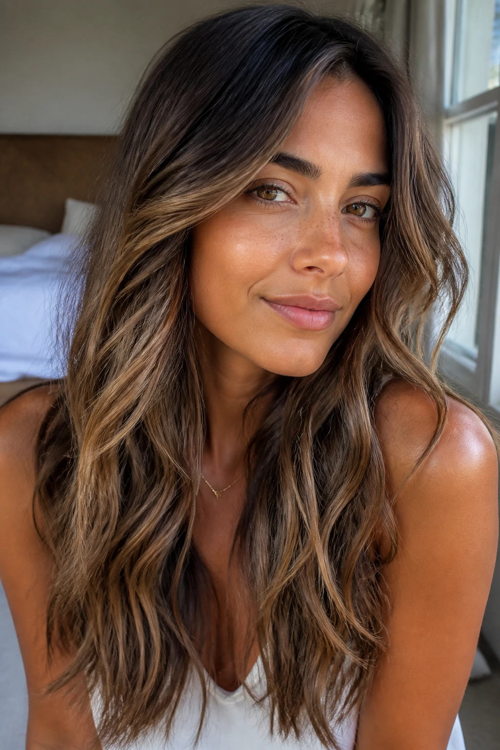 Close-up portrait of brunette hair with caramel and beige highlights on tan skin