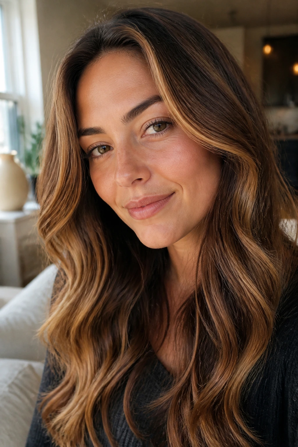 Close-up portrait of a brunette with caramel and honey highlights on warm skin.