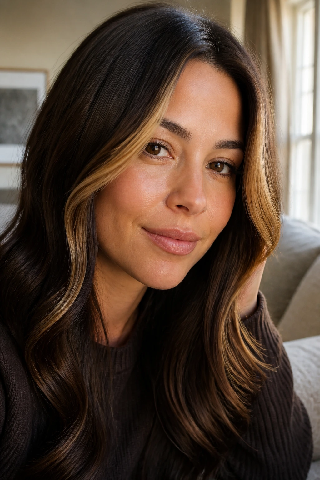 Brunette with honey money piece brightening the face
