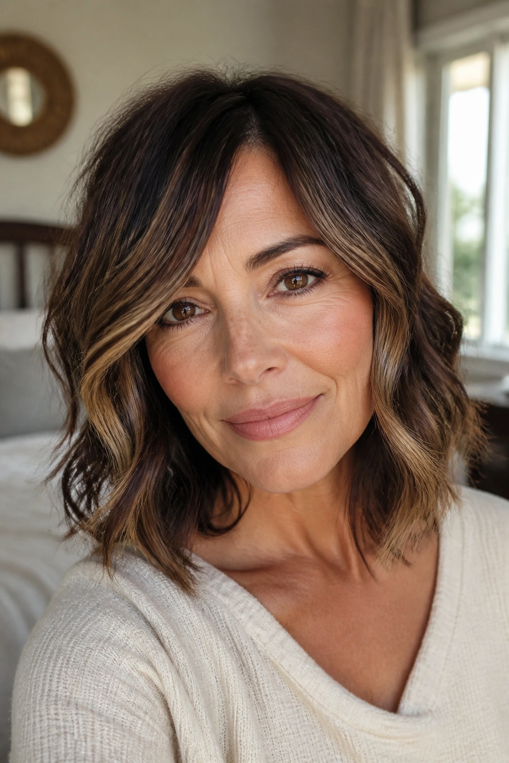 Close-up of a real woman with brunette lob and face-framing ribbons, soft waves.