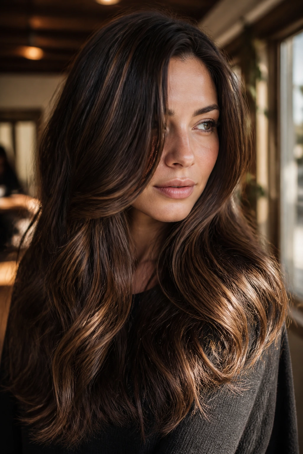 Close-up portrait of a real woman with long, warm brunette hair showing defined shape