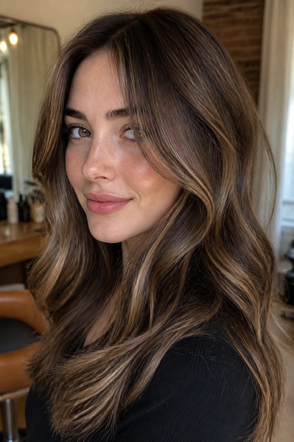 Close-up portrait of a real woman with brunette lowlights framing fair skin